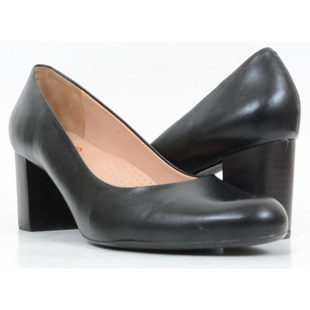 Marc Fisher Black‎ Leather Round Toe Block Heel Size 9 Women's Classic Pumps